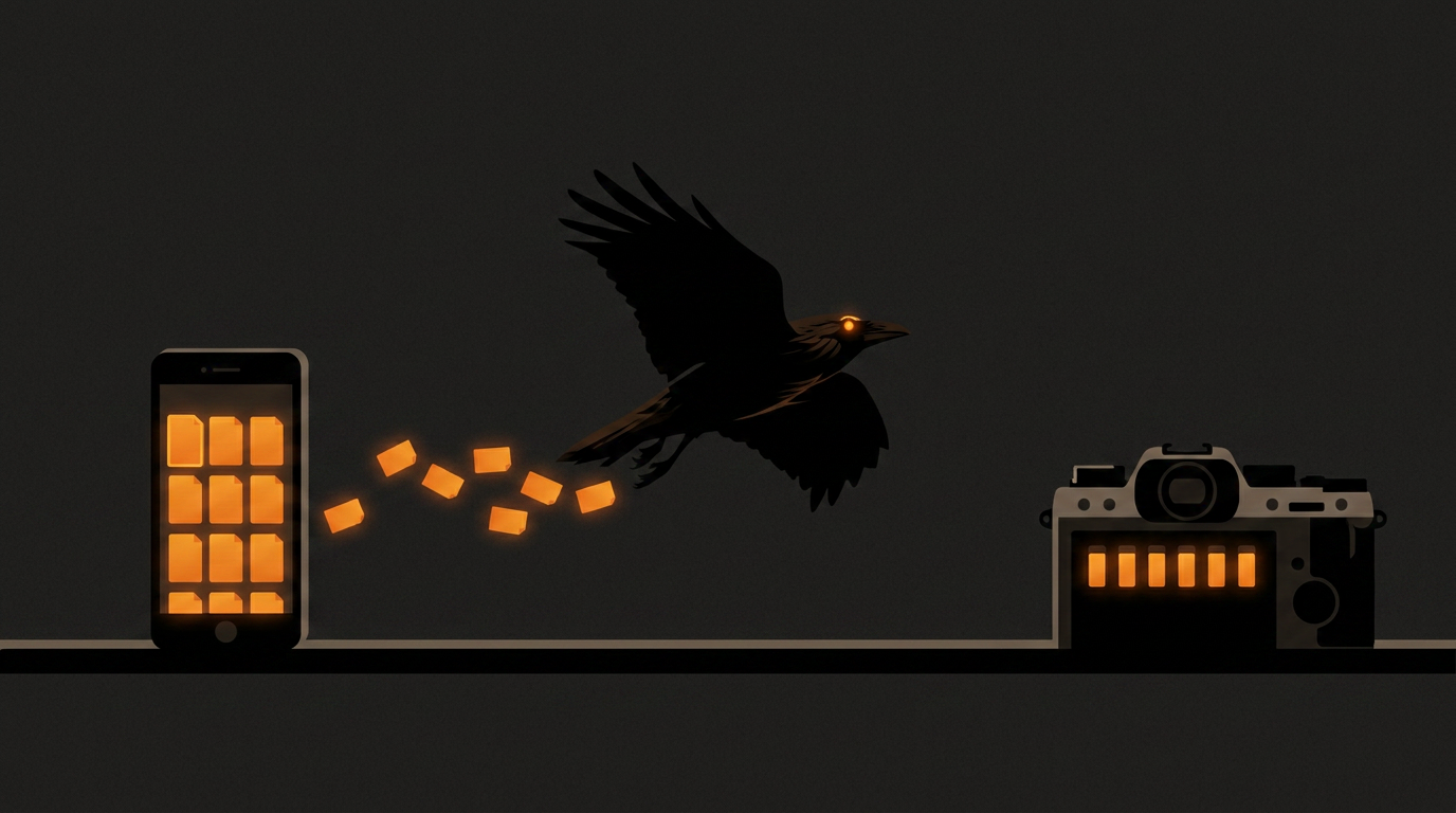 A raven carries glowing look cards from a phone to a camera with seven lit custom slots